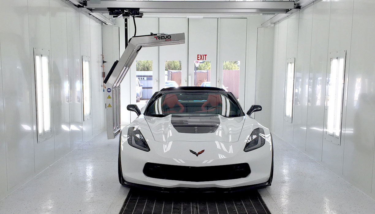 Ultra XR paint booth with corvette